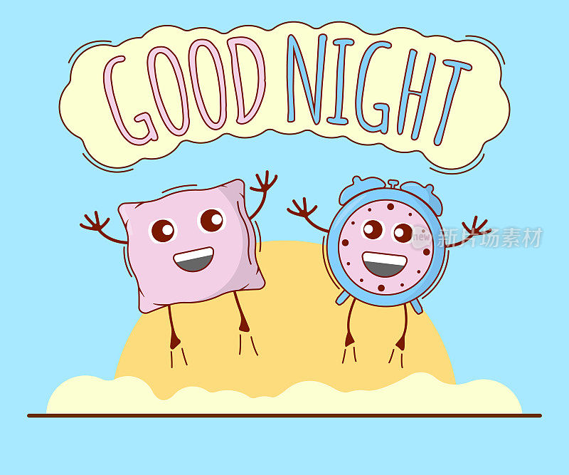 Good Night Banner, Pillow and Alarm Icon. Cute Character, Concept Label. Cartoon Vector Illustration